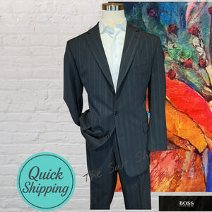 Vtg Boss Hugo Rossellini 48L 41x30 Blue with Ghost Banker's Stripe Suit 3/2 Roll